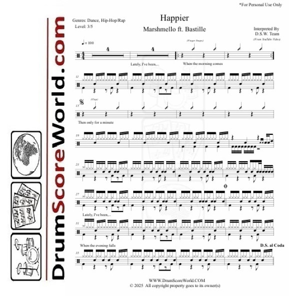 Marshmello & Bastille - Happier - Drum Sheet Music Marshmello & Bastille - Happier - Drum Sheet Music